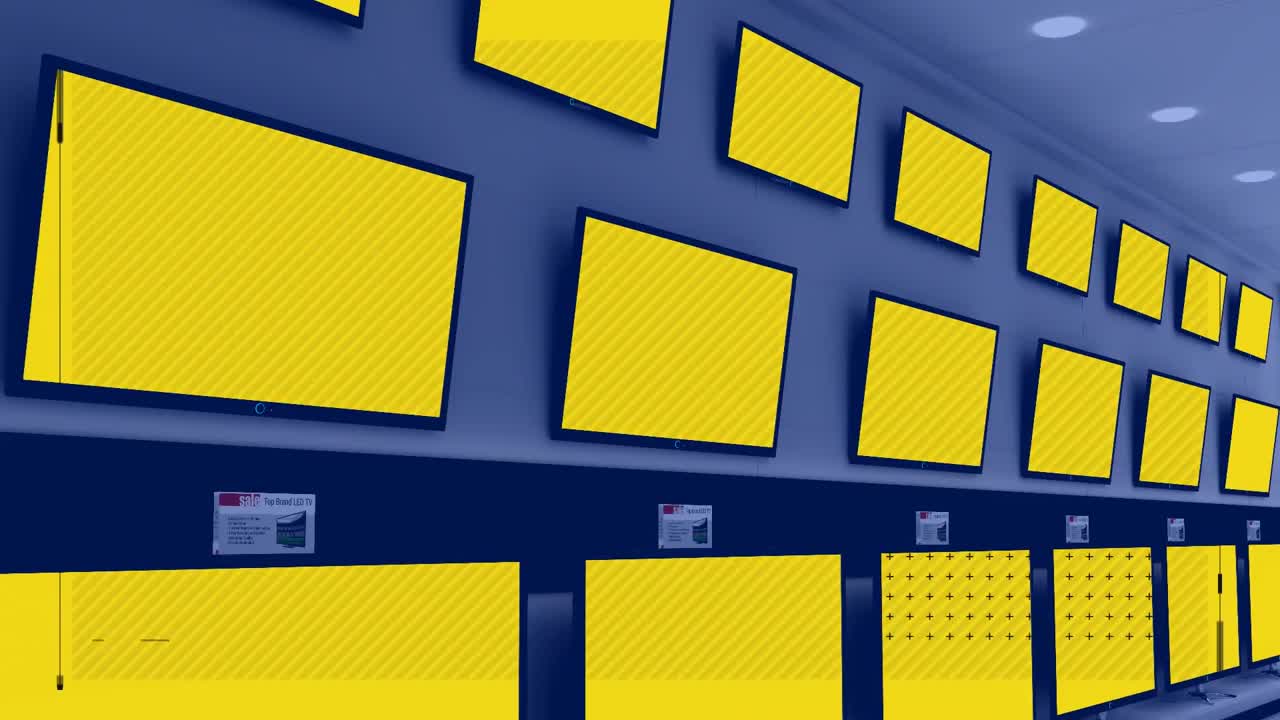 animación de filas de aparatos de televisión en la tienda con patrones en las pantallas