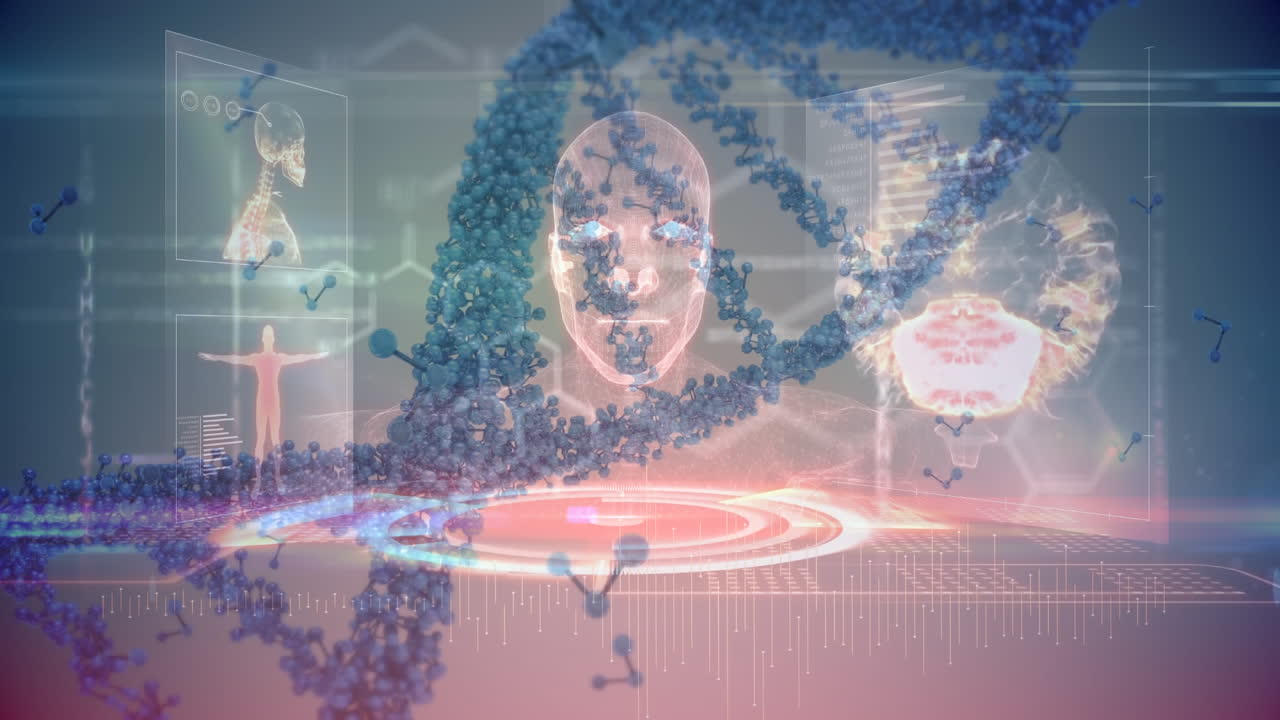 회전하는 dna 가닥의 애니메이션, 몸과 얼굴 다이어그램과 어두운 인터페이스의 데이터 처리