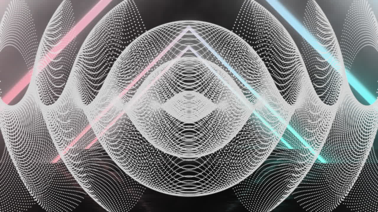 Animation of blue and pink neon triangles over white geometry moving on black