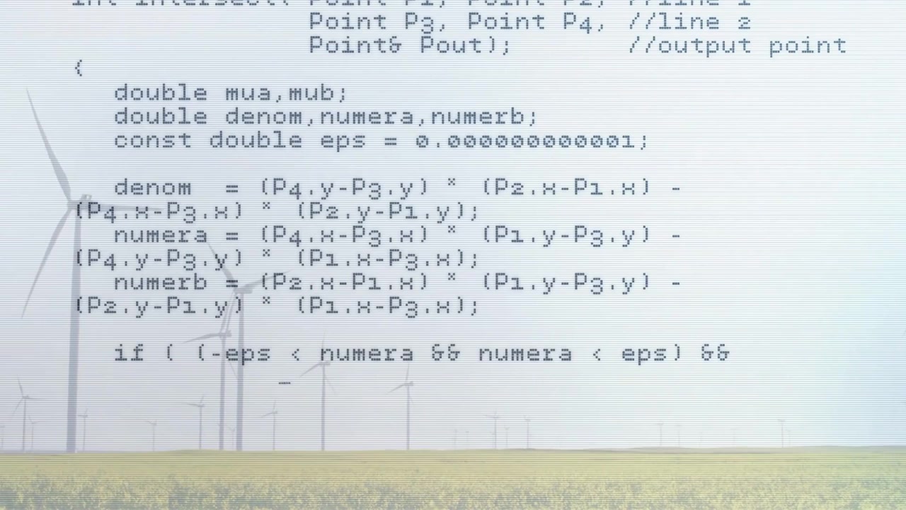 Translucent editor panel showing internet_request C or C++ source scrolling over wind turbines field