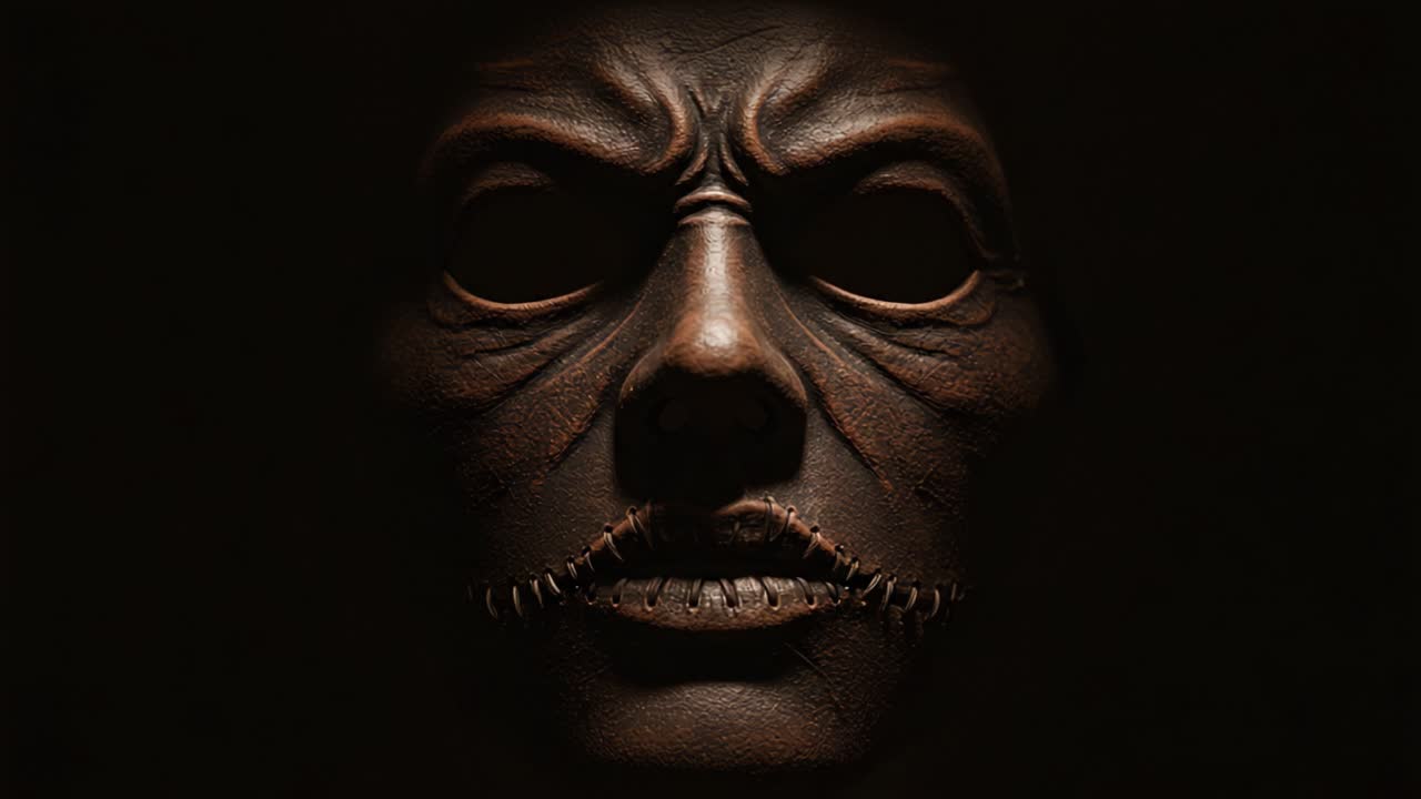 Eerie Encounter with a Sinister Mask: A Close-Up Look at the Haunting Features and Looming Shadows of This Macabre Creation