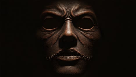 eerie encounter with a sinister mask: a close-up look at the haunting features and looming shadows of this macabre creation