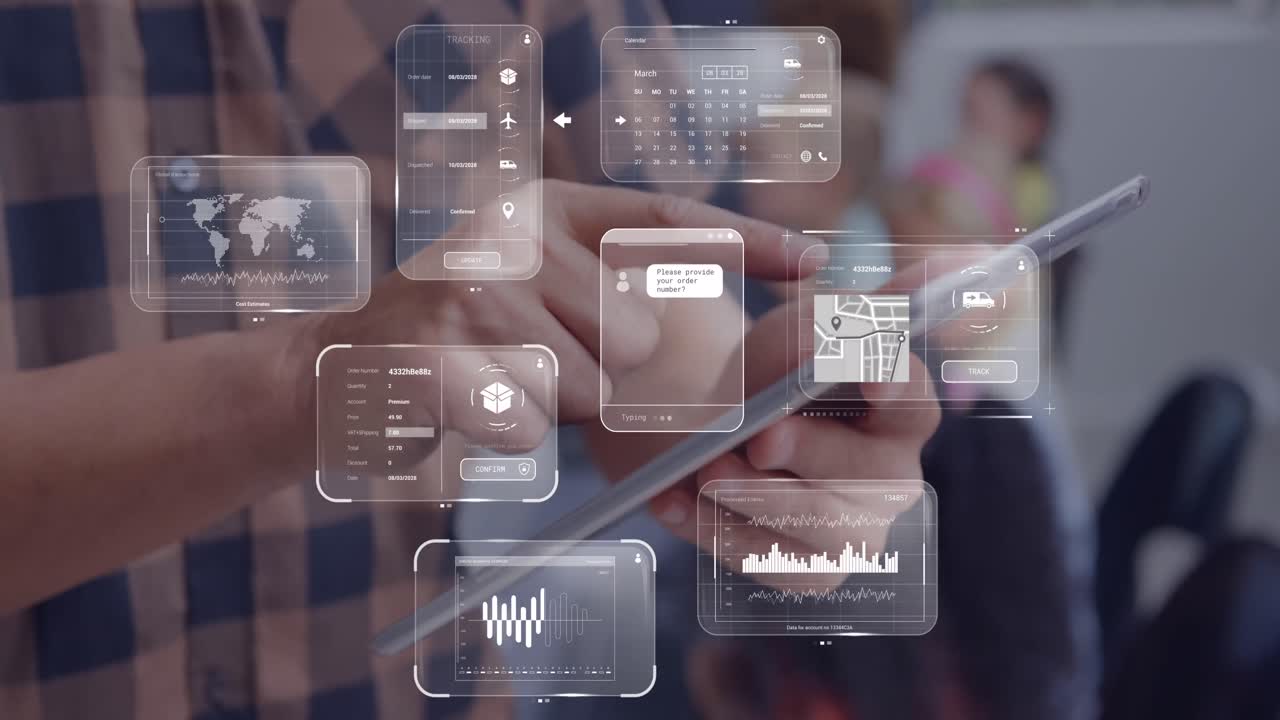 Animation of data on screens over caucasian businessman with tablet