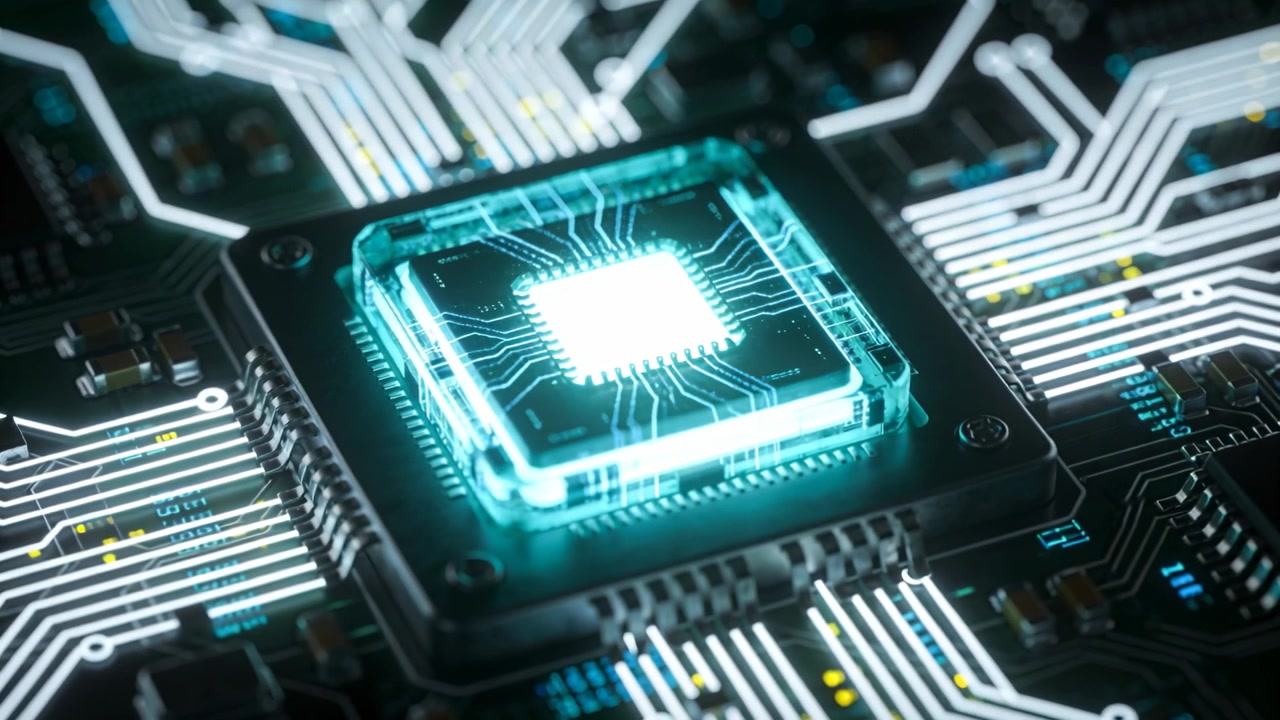 Receiving power, square chip under clear cap pulsing teal core light across PCB, showing status