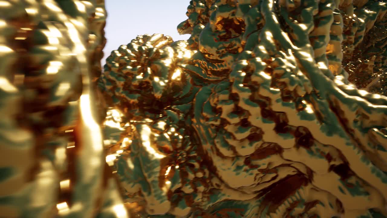 금색 표면 클로즈업 추상 3d 시엄리스 영상. 귀중한 반이는 금속 텍스처 현실적인 루프 애니메이션. 금 장식 모양 움직임 효과. 금속 떠 있는 조각 동적 비디오.