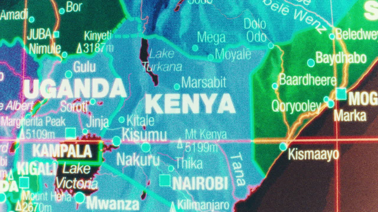 A vibrant, close-up view of a digital map of East Africa, highlighting countries and major cities