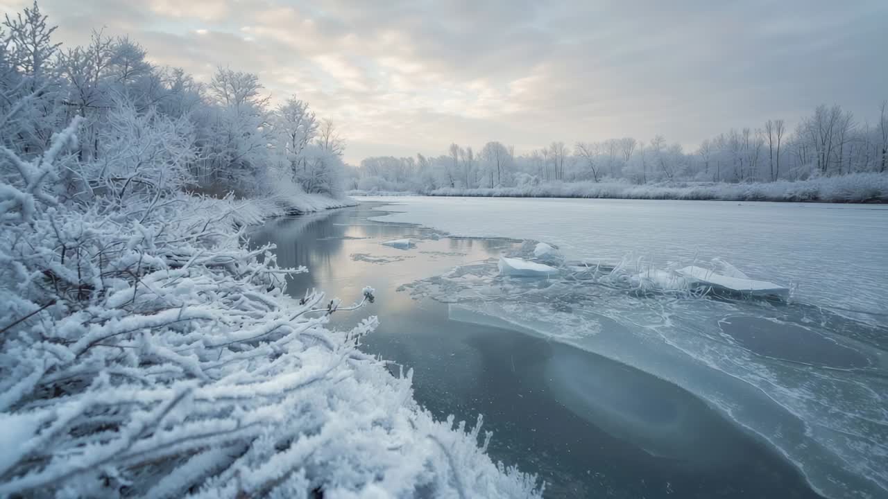 Gliding drone camera revealing partially frozen river at bend, showing drifting ice floes