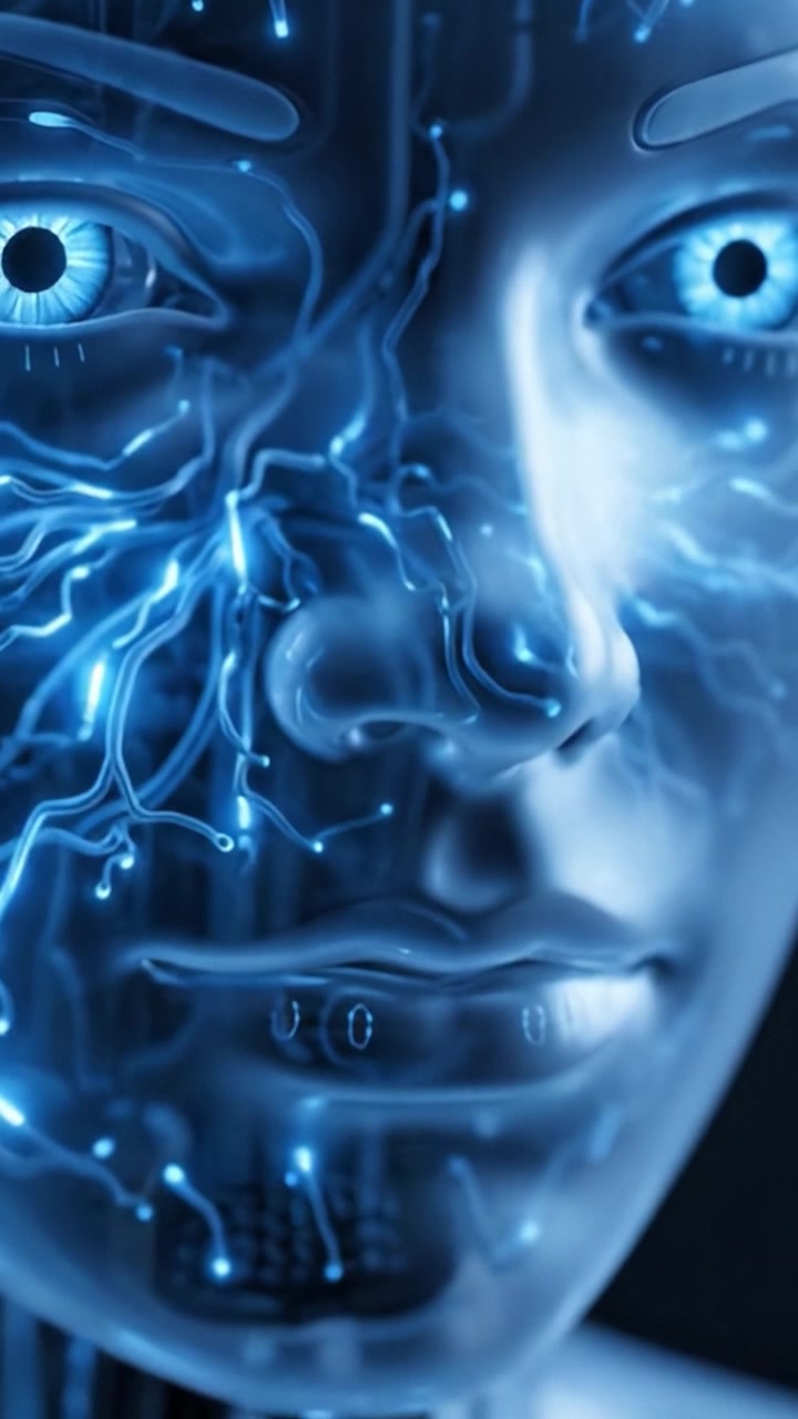 Un'esplorazione eterea di un volto umanoide futuristico con occhi luminescenti e circuiti complessi, che mette in risalto la fusione tra tecnologia ed estetica umana