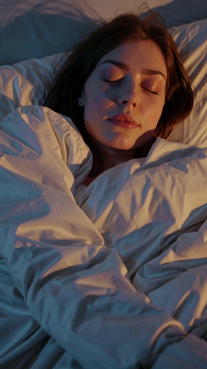 A serene video scene of a woman sleeping under soft lighting