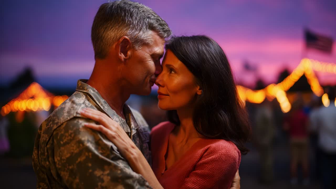 A Heartfelt Reunion: A Soldier and His Beloved Enjoy an Emotional Moment Under a Stunning Sunset, Illuminated by Colorful Lights, Capturing the Essence of Love and Togetherness After Separation