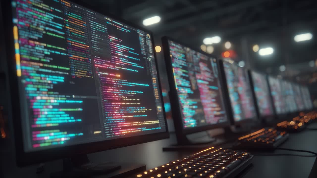 A Digital Workspace Showcasing Multiple Monitors Displaying Colorful Code and Programming Interfaces in a Tech-Driven Environment