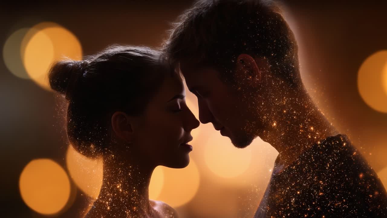 Eine romantische Verbindung, eingefangen in einem traumartigen Universum: Zwei Seelen nähern sich inmitten eines kosmischen Hintergrunds und eines Scheins umgebender Lichter