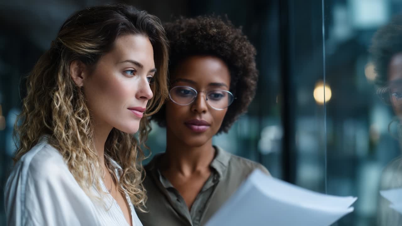 Two women engaged in a thoughtful discussion while reviewing documents in a modern interior setting. Focus on their expressions as they analyze the papers together, showcasing collaboration and concentration