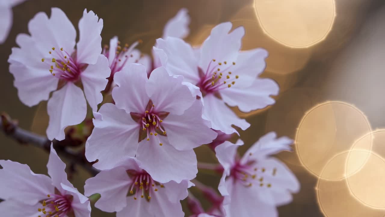 Video ravvicinato di fiori di ciliegio con messa a fuoco morbida e sfondo bokeh caldo, che cattura un'atmosfera serena