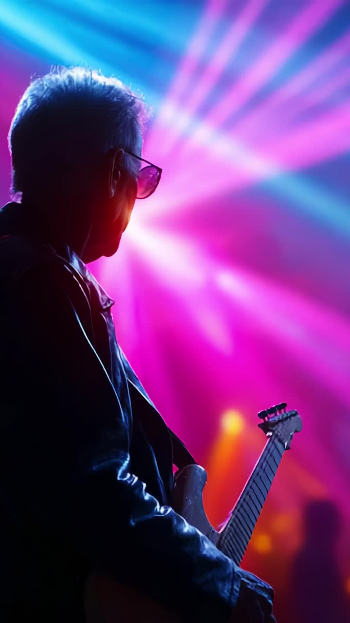 Un chitarrista in silhouette controluce rispetto alle vivaci luci del palco, che crea un’atmosfera accattivante di musica, energia e creatività in occasione di un evento performativo dinamico