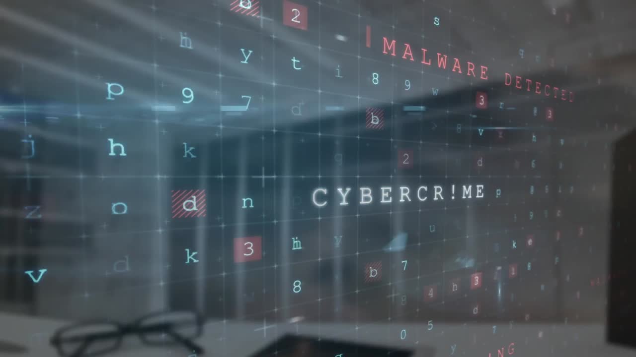 animación del procesamiento de datos de ciberseguridad contra una oficina vacía