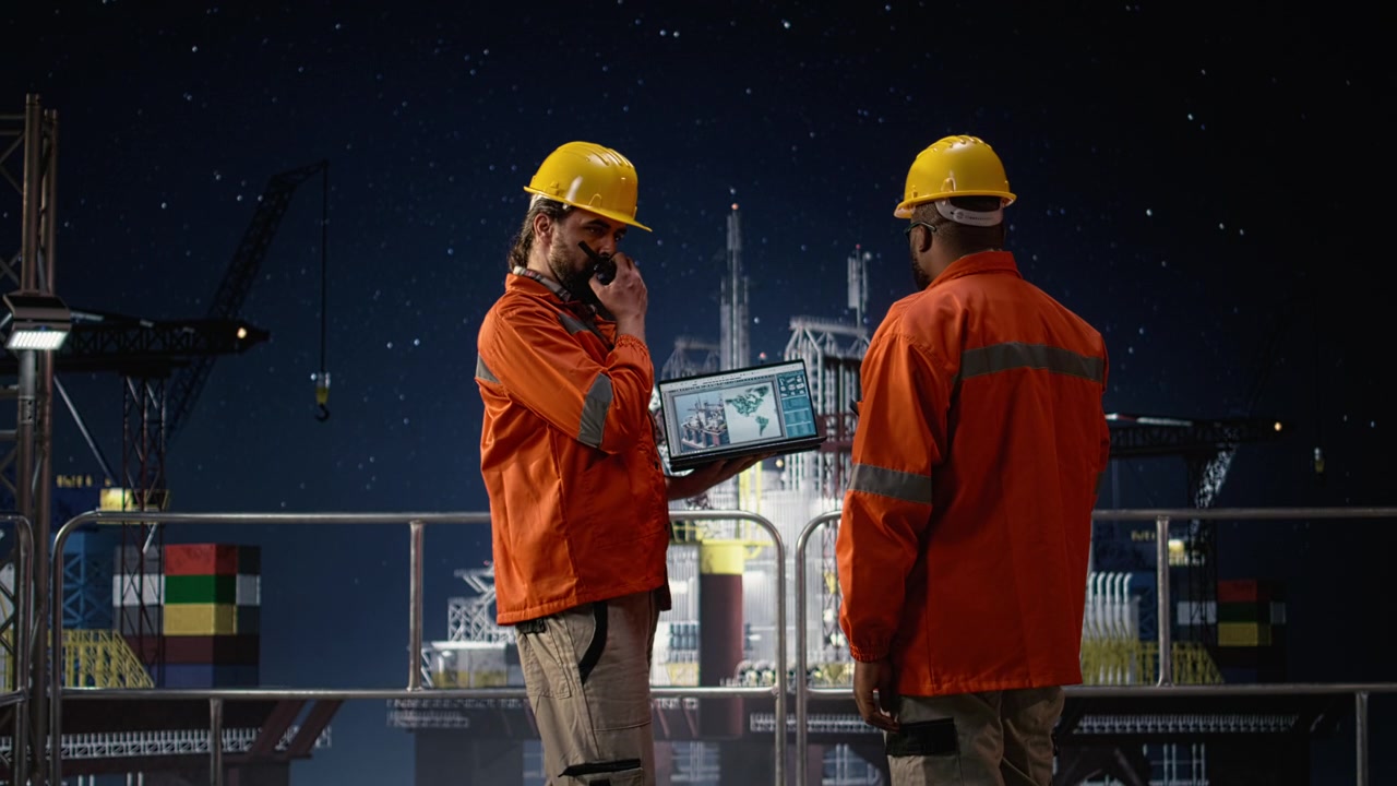 Mænd på en offshoreplatform bruger kort på en enhed for at omgå en blokade af olieudvinding.