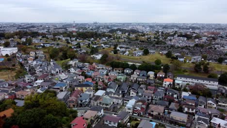 una densa zona residencial con un tren pasando por ella, de día, vista aérea