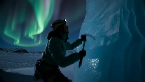 ice climber under the northern lights