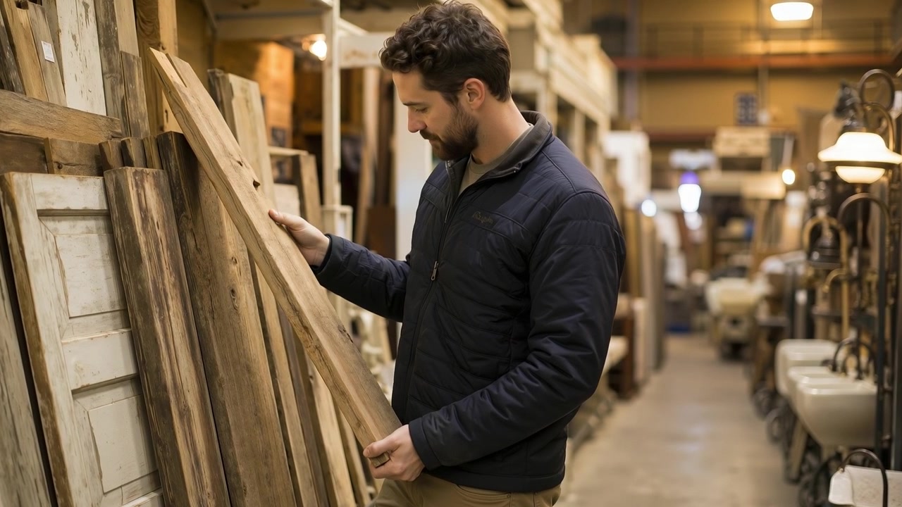 Uomo barbuto che ispeziona una tavola di legno recuperato mentre fa acquisti in un grande negozio di ferramenta o in un deposito di materiali di recupero.