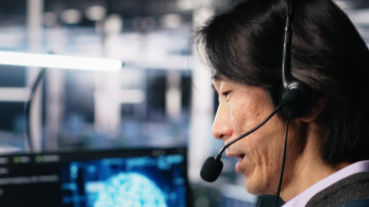 Engineer In Data Center Wearing Headset Assisting Users With Ai