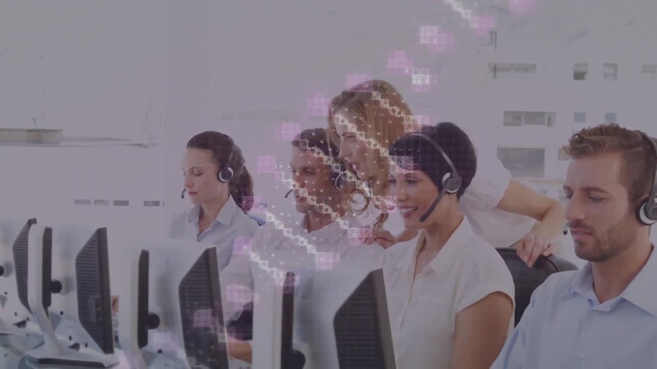 사무실에서 일하는 휴대폰 헤드 ⁇ 을 착용하는 고객 서비스 임원 팀에 대한 dna 구조