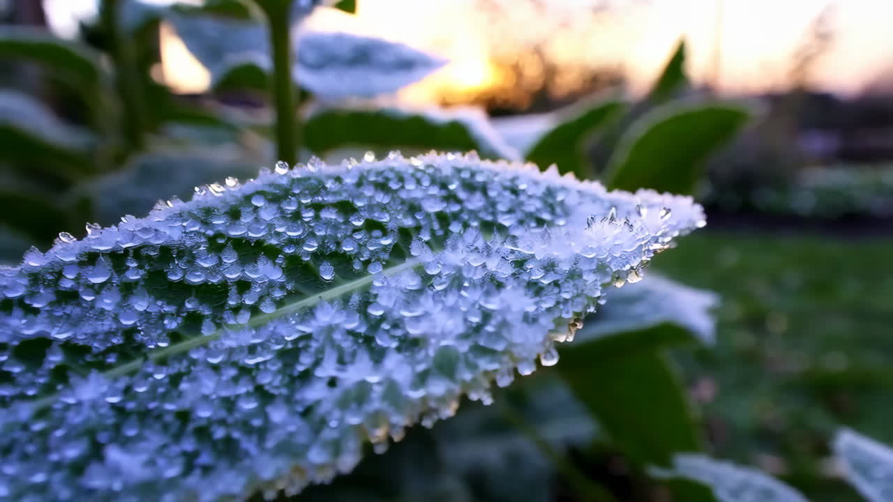 Close-up of a Frosted Leaf with Dew Drops