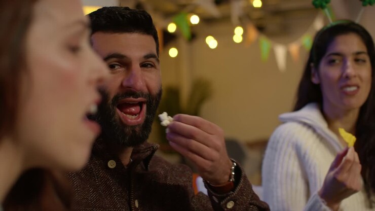 Amici a casa o al bar che festeggiano la festa di San Patrizio mangiando snack