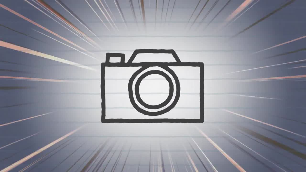 검은색 윤 ⁇  카메라 아이콘의 애니메이션은 그래디언트 배경에 마커로 손으로 그려져 있습니다.