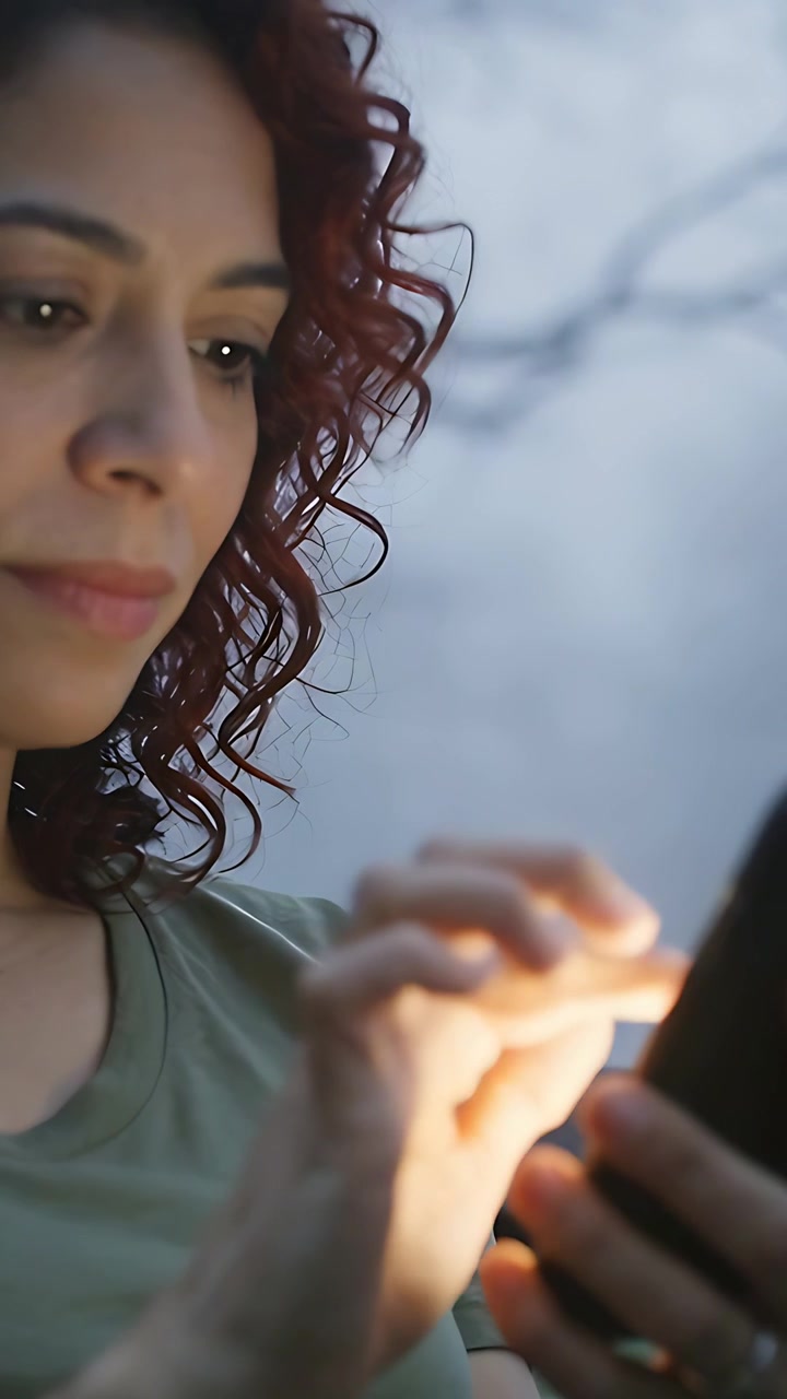 Video verticale: Donna in maglietta verde che tocca il telefono su una panchina, reagendo alla luce dello schermo, con un anello visibile.