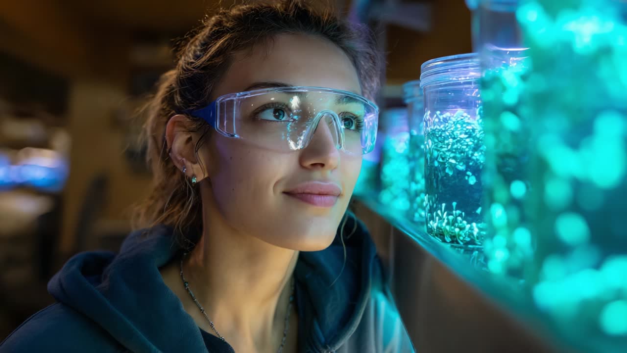 A Young Scientist Curiously Observing Bioluminescent Microorganisms in Innovative Jars, Capturing the Wonder of Nature's Glowing Creations as She Engages with Her Fascinating Research Environment
