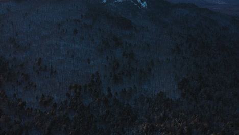 aerial reveal of a forested mountain catching the last of the suns rays