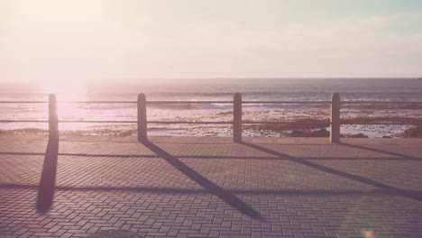 animation of light spots over biracial woman running on promenade