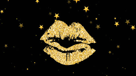 Animation-of-gold-lips-and-gold-stars-over-snow-falling-on-black-background