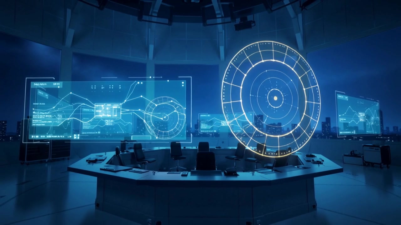 Data feed activating octagon desk in control bay projecting radar hologram, updating system status