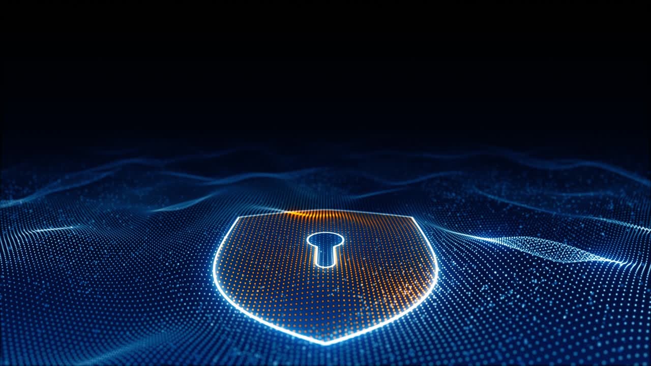 Motion graphic of Blue glowing particle wave with orange security shield logo futuristic technology on abstract background seamless loop video
