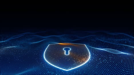 motion graphic of blue glowing particle wave with orange security shield logo futuristic technology on abstract background seamless loop video