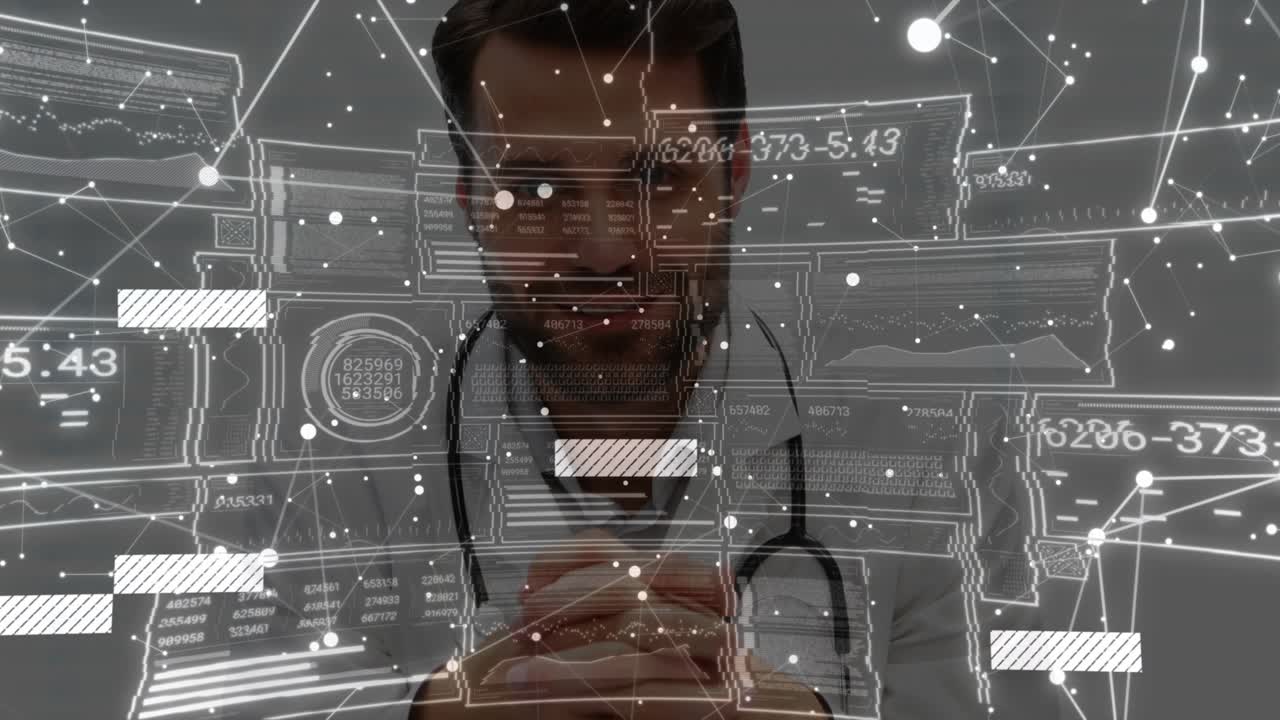 Ein Arzt reagiert auf eine erscheinende digitale Überlagerung und überwacht Knoten und Bedienfelder für die medizinische Analyse.