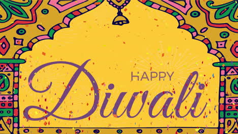 animación de feliz diwali sobre confeti colorido y marco decorativo sobre fondo amarillo