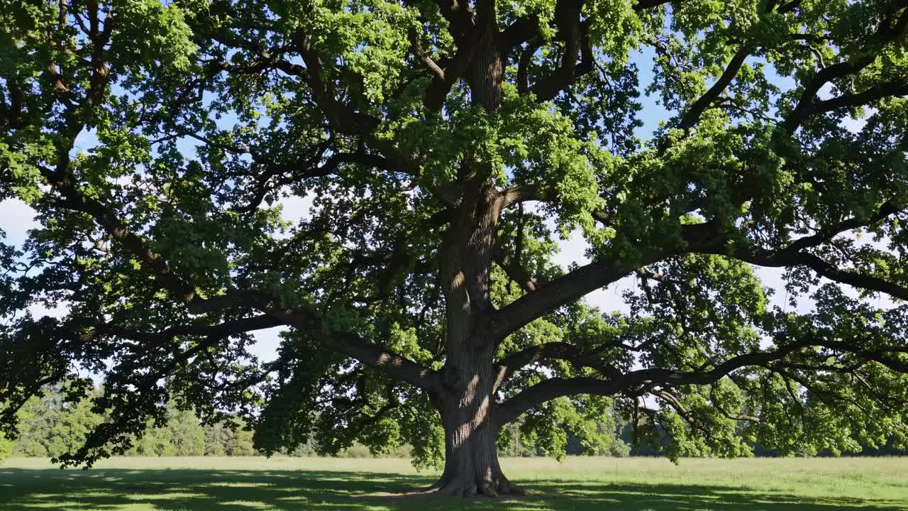 Majestic oak tree in a lush field, captured from a low angle