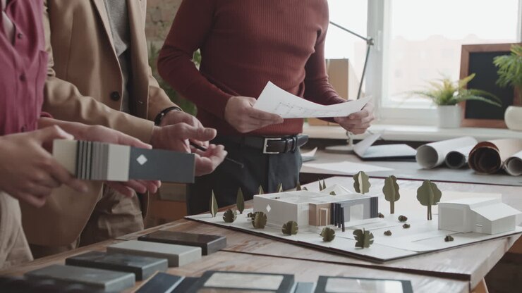 Midsection Of Architects With 3D House Layout