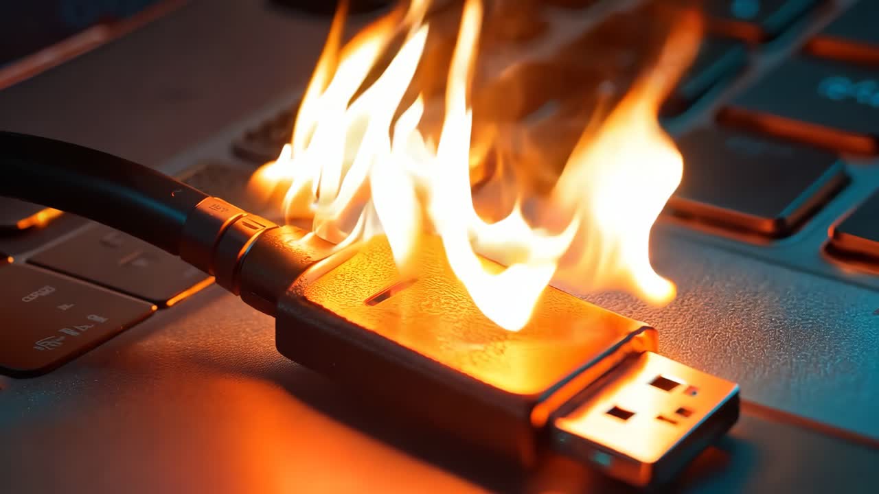 노트북 키보드에 불타는 usb 케이블