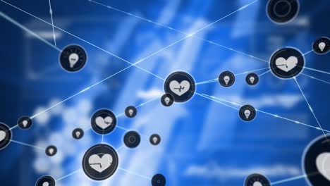 Animation-of-pulse-trace-in-heart-shape-and-lightbulb-signs-connecting-through-digital-lines