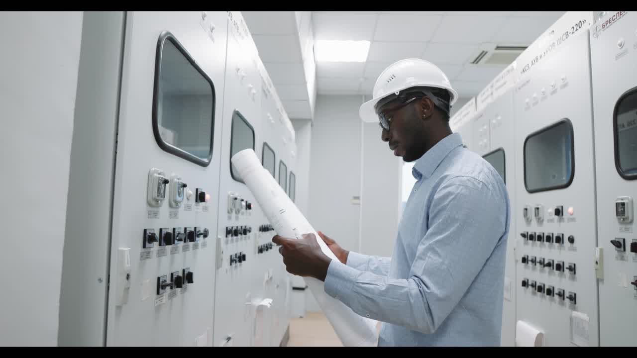 Engineer reviewing blueprints in a control room