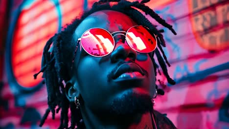 un hombre con dreadlocks usando gafas de sol frente a una pared de graffiti