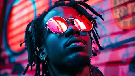 a man with dreadlocks wearing sunglasses in front of a graffiti wall