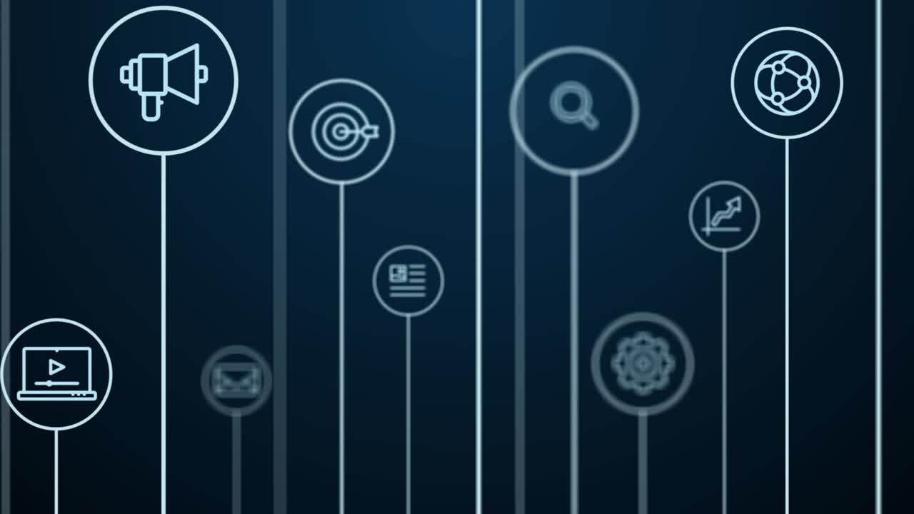 4K Abstract animation. Digital marketing, business, social media background. Moving pass through lines, circles and icons.