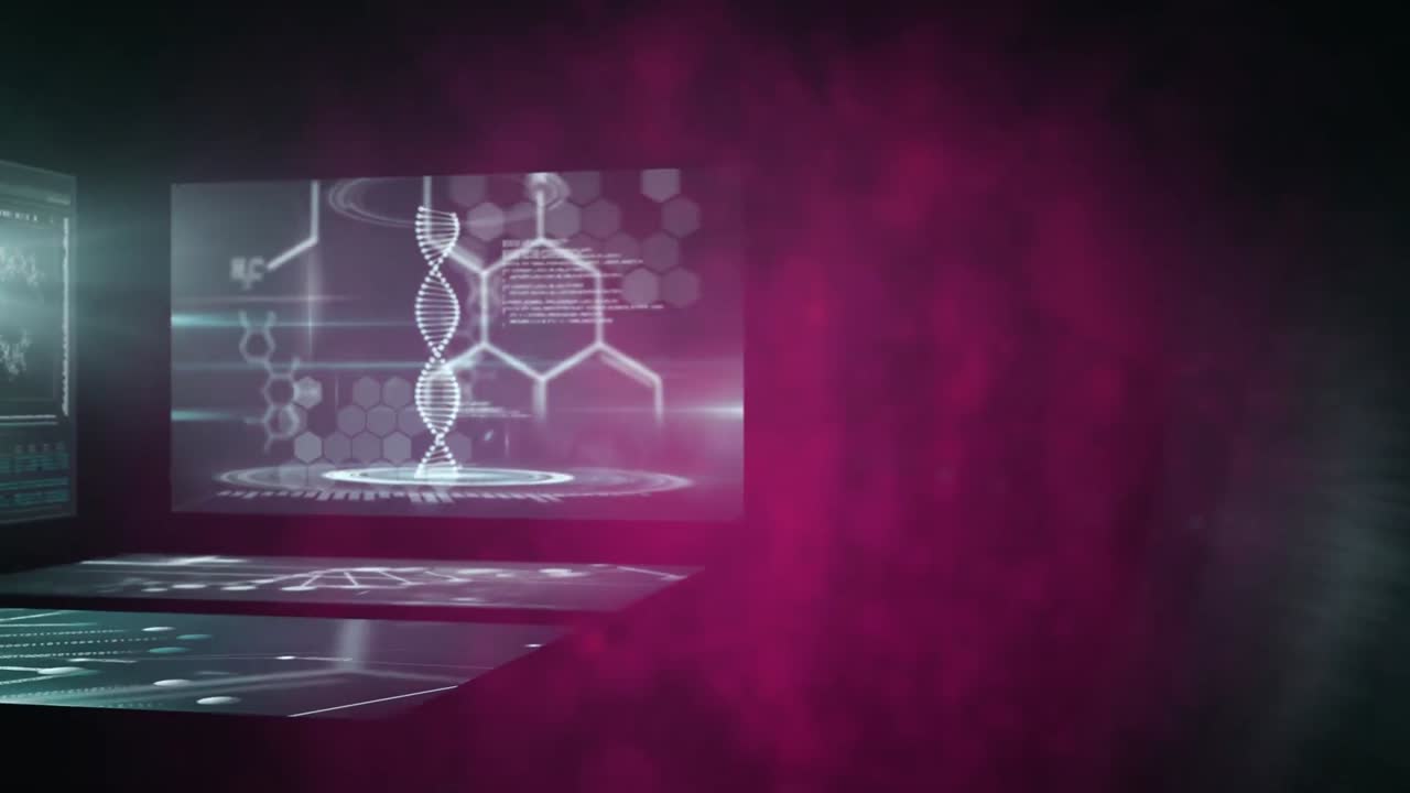 animación del procesamiento de datos científicos en pantallas con fondo negro y rosa