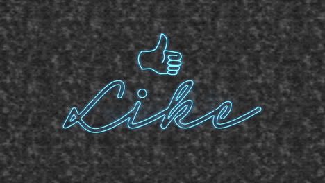 animation of blue neon text, like, and thumb up on grey textured background