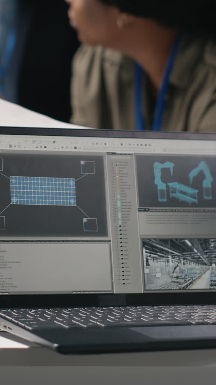 Vertical Video Black specialists reviewing operational workflows in solar manufacturing plant